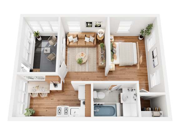 A top-down view of a modern, well-lit, and spacious living area with a kitchen and bathroom.