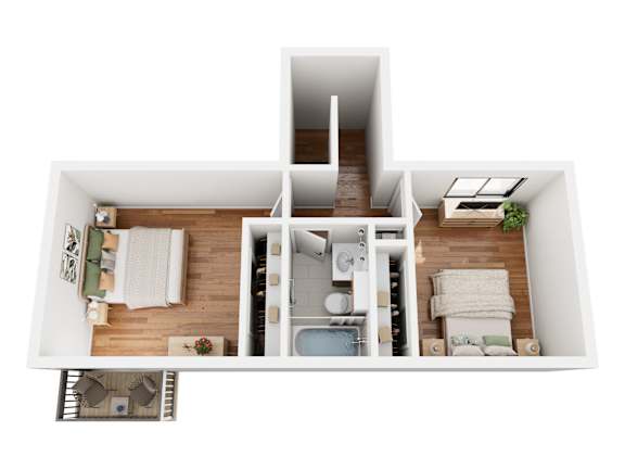 A top-down view of a modern, minimalist apartment with a kitchen, living room, and bathroom.