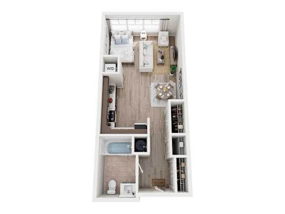 Floor Plan  A top down view of a small apartment with a bedroom, bathroom, kitchen and living room.