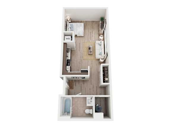 A top-down view of a small apartment with a bedroom, living room, and bathroom.
