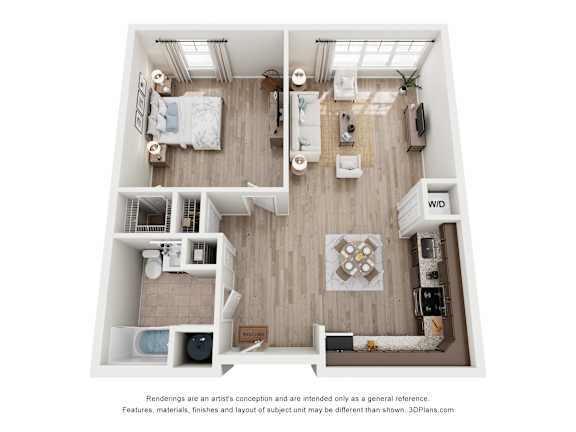 A 3D floor plan of a small apartment with a bedroom, living room, and kitchen.