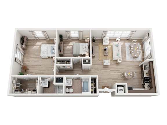 A top-down view of a well-organized apartment layout.