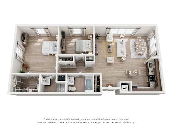 A 3D floor plan of a house with a kitchen, living room, and two bedrooms.