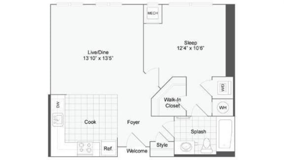 1 bedroom 1 bath floor plan N at Arrive Wheaton, Wheaton