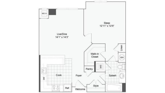 1 bedroom 1 bath floor plan P at Arrive Wheaton, Maryland, 20902