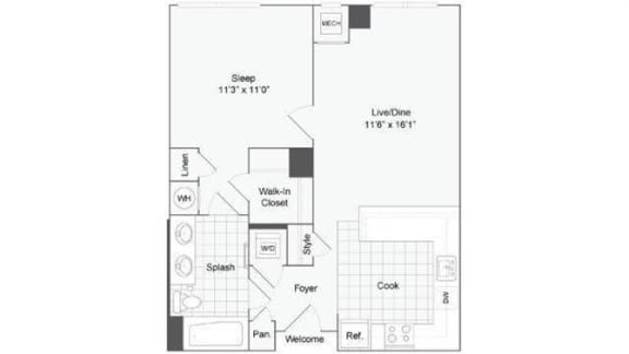 1 bedroom 1 bath floor plan L at Arrive Wheaton, Wheaton, 20902