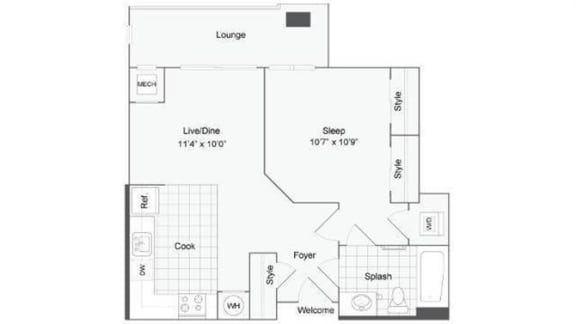1 bedroom 1 bath floor plan B at Arrive Wheaton, Wheaton, MD, 20902