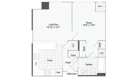 1 bedroom 1 bath floor plan C at Arrive Wheaton, Wheaton, MD