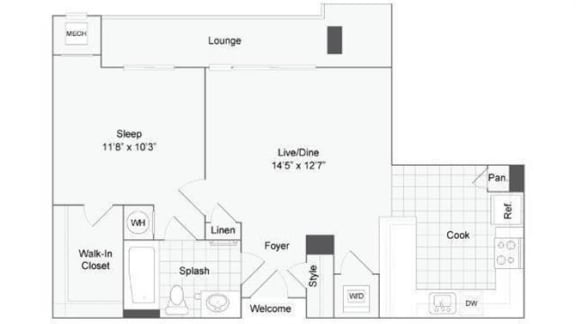 1 bedroom 1 bath floor plan O at Arrive Wheaton, Maryland
