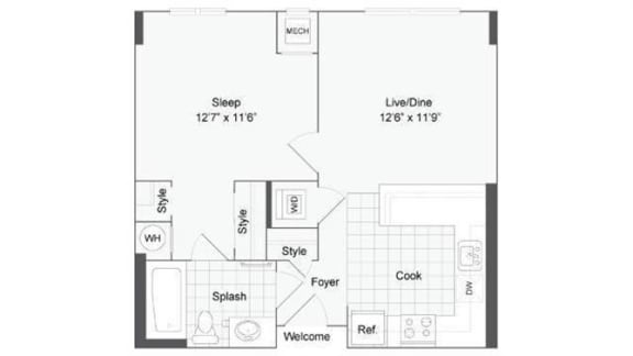 1 bedroom 1 bath floor plan E at Arrive Wheaton, Wheaton, Maryland