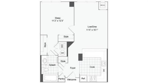 1 bedroom 1 bath floor plan J at Arrive Wheaton, Wheaton, MD