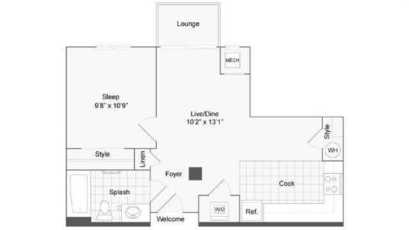 1 bedroom 1 bath floor plan A at Arrive Wheaton, Maryland, 20902