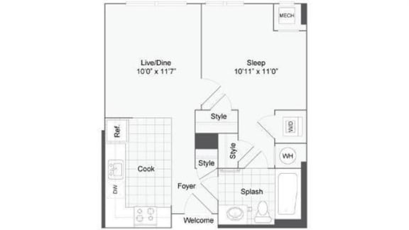 1 bedroom 1 bath floor plan at Arrive Wheaton, Maryland