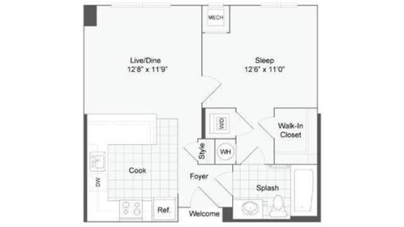 1 bedroom 1 bath floor plan D at Arrive Wheaton, Wheaton, 20902