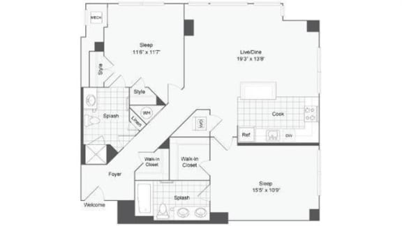 2 bedroom 2 bath floor plan F at Arrive Wheaton, Maryland, 20902