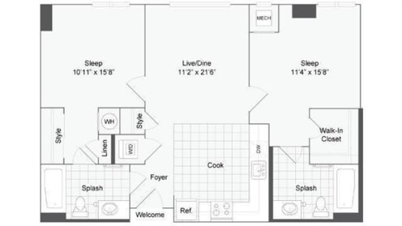 2 bedroom 2 bath floor plan at Arrive Wheaton, Wheaton, MD, 20902