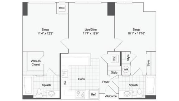 2 bedroom 2 bath floor plan C at Arrive Wheaton, Wheaton, Maryland