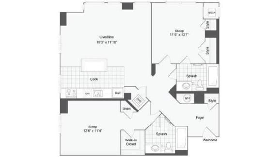 2 bedroom 2 bath floor plan O at Arrive Wheaton, Maryland, 20902