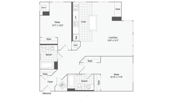 2 bedroom 2 bath floor plan D at Arrive Wheaton, Wheaton