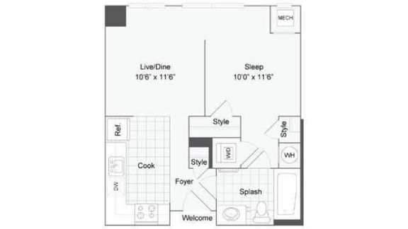 Studio 1 bath floor plan at Arrive Wheaton, Wheaton, MD, 20902