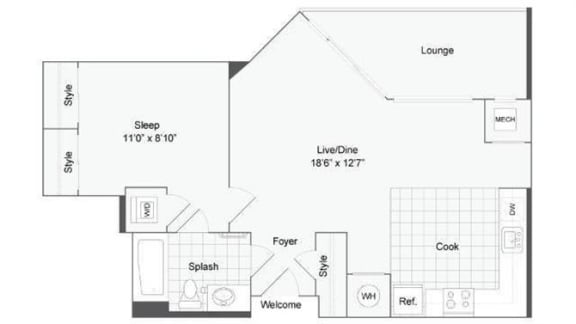 Studio 1 bath floor plan D at Arrive Wheaton, Wheaton