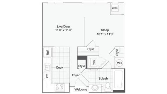 Studio 1 bath floor plan B at Arrive Wheaton, Wheaton, 20902