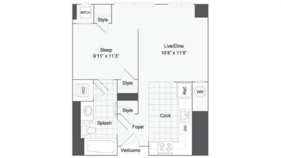 Studio 1 bath floor plan A at Arrive Wheaton, Wheaton, MD