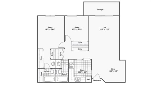 2 bed 2 bath floor plan D at Twelve 501 Apartment Homes, Minnesota