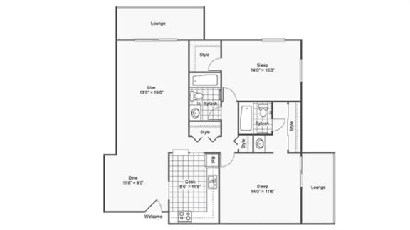 Floor Plan  2 bed 2 bath floor plan C at Twelve 501 Apartment Homes, Burnsville