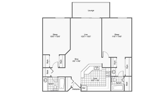 Floor Plan  2 bed 2 bath floor plan at Twelve 501 Apartment Homes, Burnsville, MN