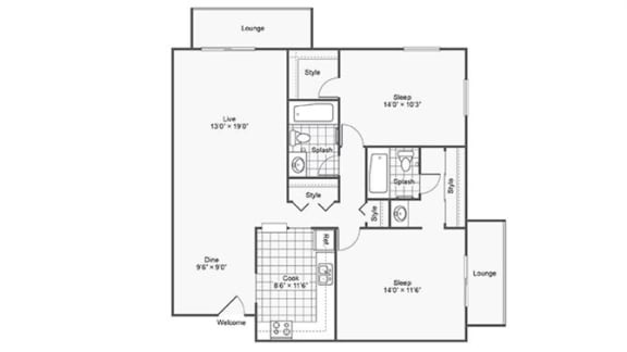 2 bed 2 bath floor plan B at Twelve 501 Apartment Homes, Burnsville, Minnesota