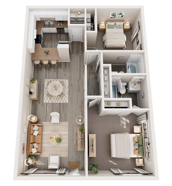 A top-down view of a small apartment with a living room, kitchen, dining area, and bedroom.