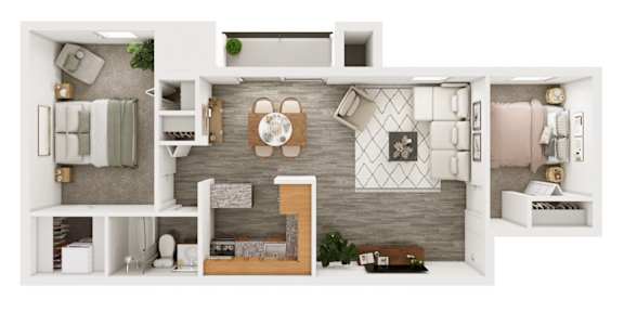 3D floorplan of a 2 bedroom apartment