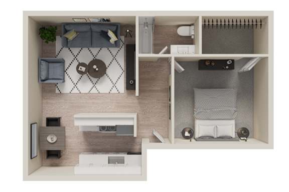 A top-down view of a small, modern apartment with a kitchen, living room, and bathroom.