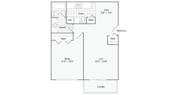 1 bedroom 2 bathroom floor plan at Renew Madison, Madison