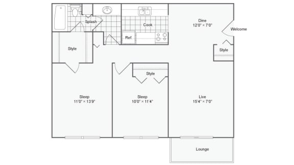 1 bedroom 2 bathroom floor plan A at Renew Madison, Wisconsin, 53711