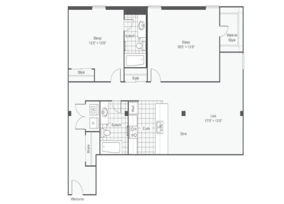 2 bed 2bath floor plan B at Rocket Transfer Lofts, Des Moines, 50309