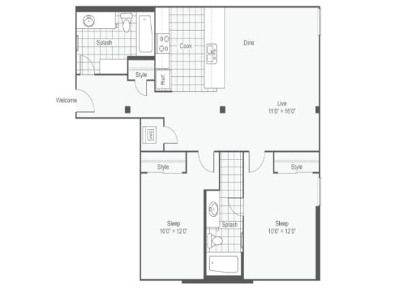 Floor Plan  2 bed 2bath floor plan at Rocket Transfer Lofts, Des Moines, IA, 50309