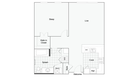 1 bedroom 1 bathroom Floor plan D at 1910 on Water, Wisconsin, 53202