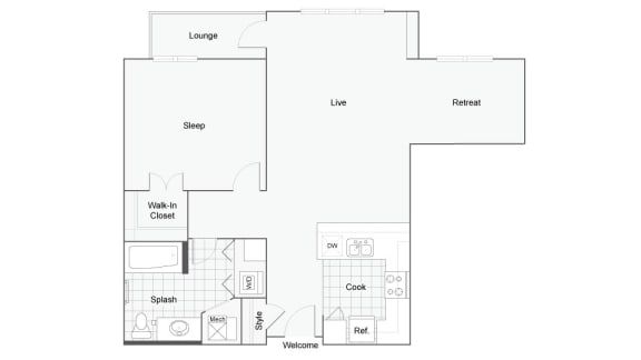 1 bedroom 1 bathroom Floor plan F at 1910 on Water, Milwaukee, 53202