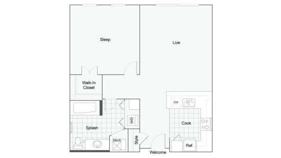 1 bedroom 1 bathroom Floor plan A at 1910 on Water, Milwaukee, Wisconsin