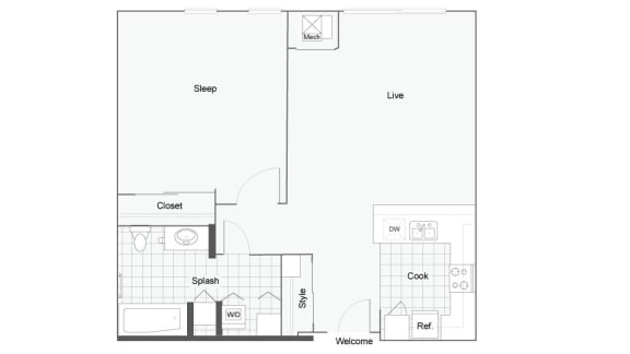 1 bedroom 1 bathroom Floor plan B at 1910 on Water, Wisconsin, 53202