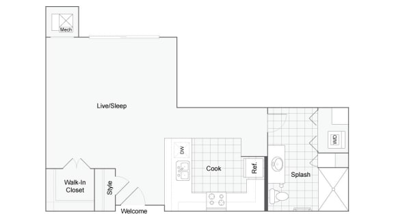 Studio 1 bathroom floor plan at 1910 on Water, Milwaukee, WI, 53202