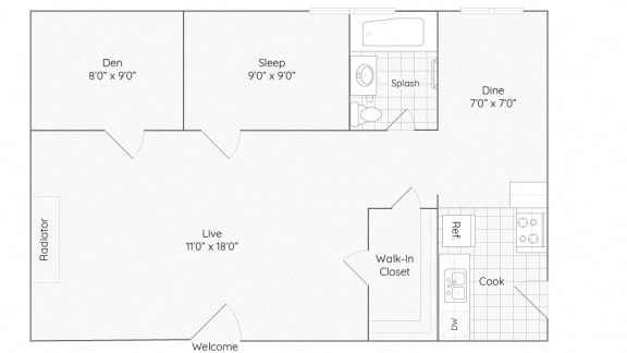 2A-1Bed-1Bath-790 Den-2A Floor Plan at The Bryant at Oak Park I &amp; II, Oak Park, 60302