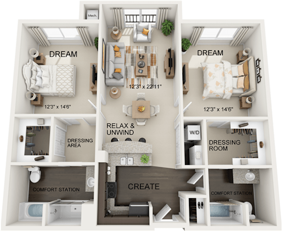 A diagram of a small apartment layout with labeled rooms.