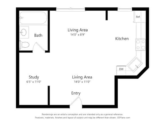 A floor plan of a small apartment with a study, two living areas, a kitchen, and a bath.