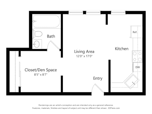 A black and white diagram of a house layout with a bath, living area, kitchen, closet/den space and entry.