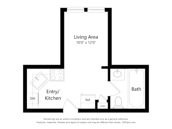 A floor plan of a small apartment with a living area, kitchen, bathroom, and entry.