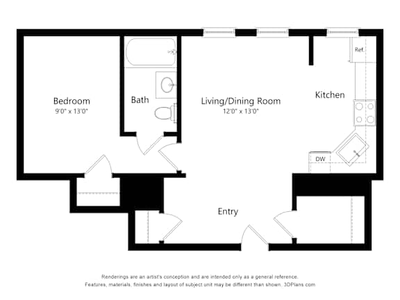 A floor plan of a home with a bedroom, bath, living/dining room, kitchen, and entry.