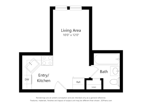 A black and white image of a floor plan for a home with a living area, entry/kitchen, and bath.